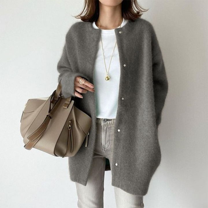 Gray Women’s Elegant Knit Cardigan Pocket Detail on model