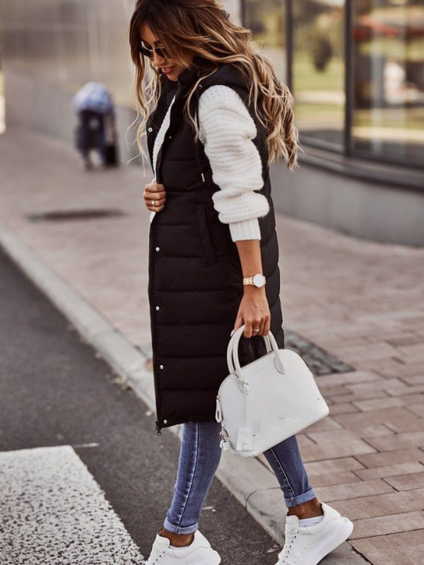 Black Women’s Knee-Length Quilted Vest on the model