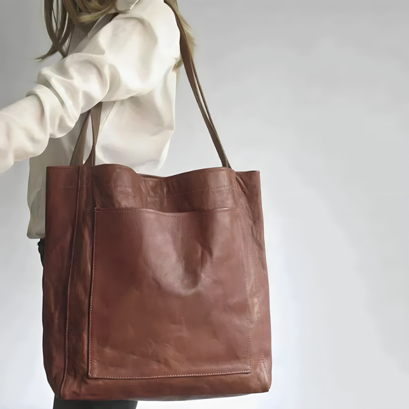 Dark Brown Women’s Elegant Double Strap Handbag on the model
