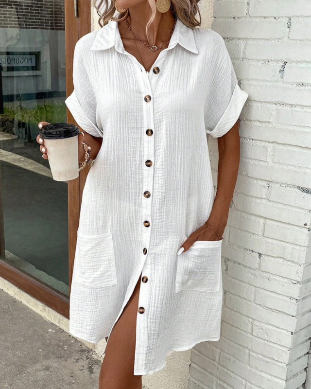 White Women’s Elegant Lightweight Shirt Dress on model