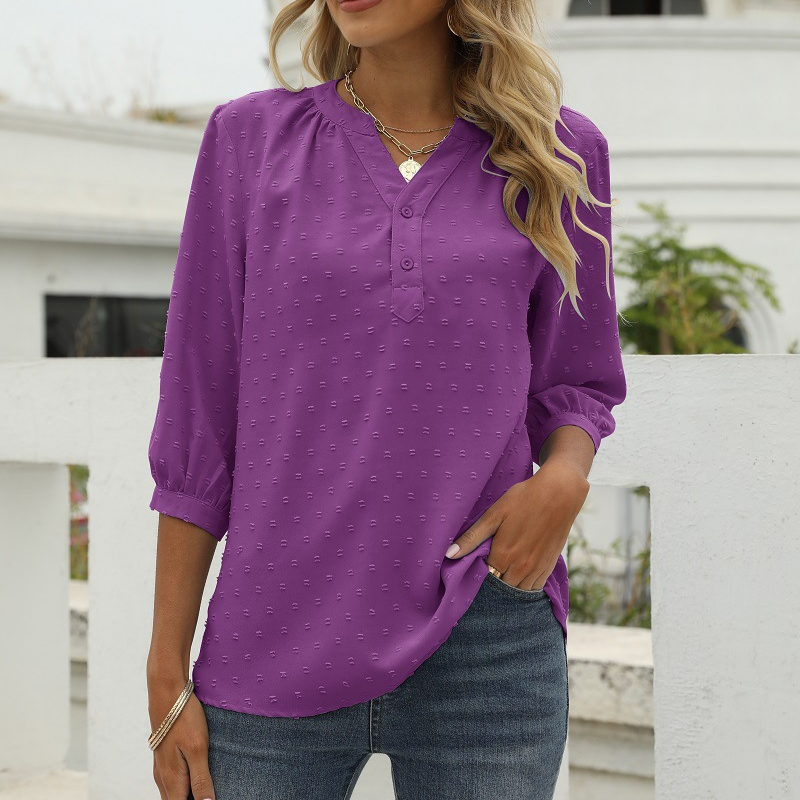 Purple Women’s V-Neck  Bell Sleeves Blouse on model