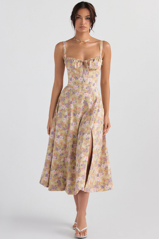 Yellow Floral Women’s Printed Bustier Midi Dress on the model
