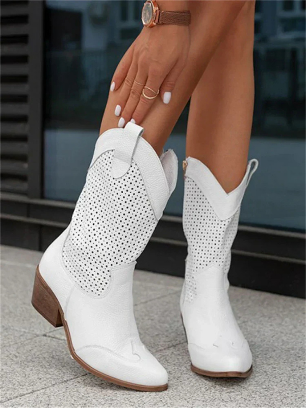 White Women’s Zipper Breathable Cowboy Boots on model