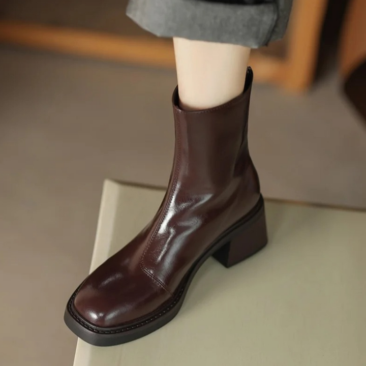Brown Women’s Modern Square Toe Ankle Boots on the model