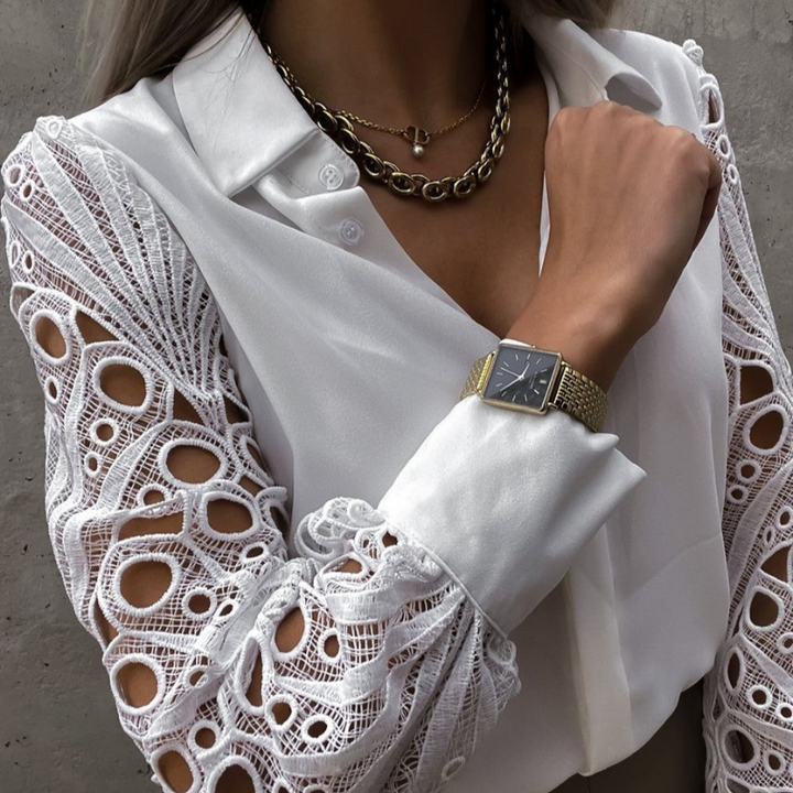 White Women’s Feminine Puffer Sleeves Blouse on model