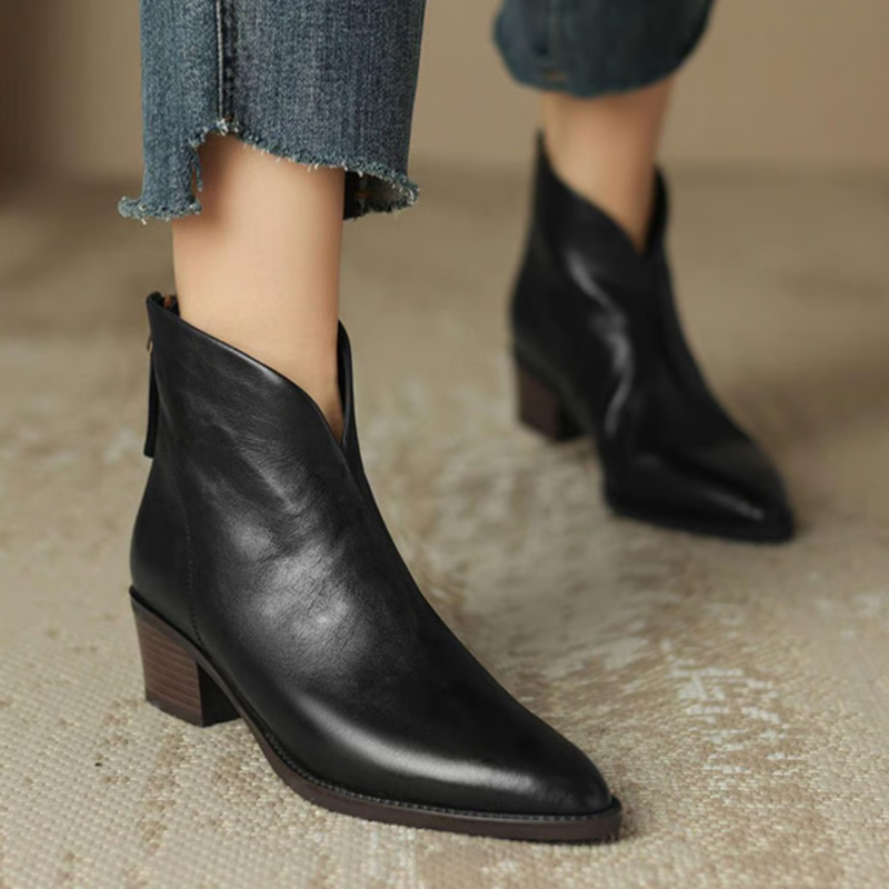 Black Women’s Elegant Block Heel Ankle Boots on the model