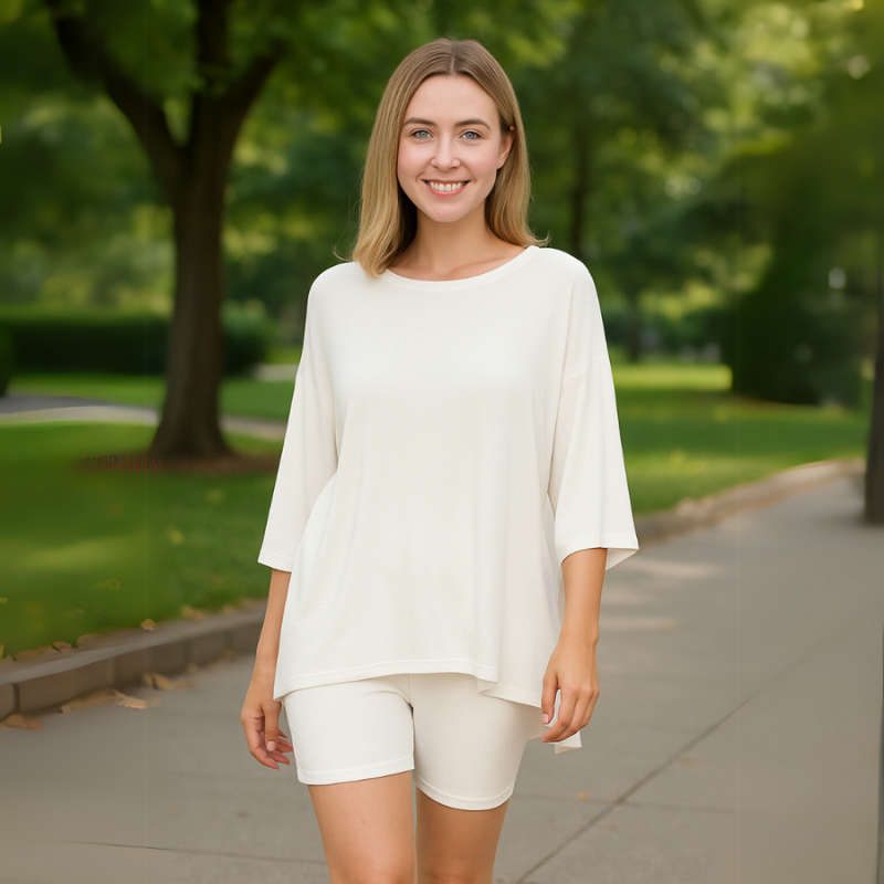 Oatmeal Women’s Oversized Ribbed Tee & Biker Shorts Set on the model