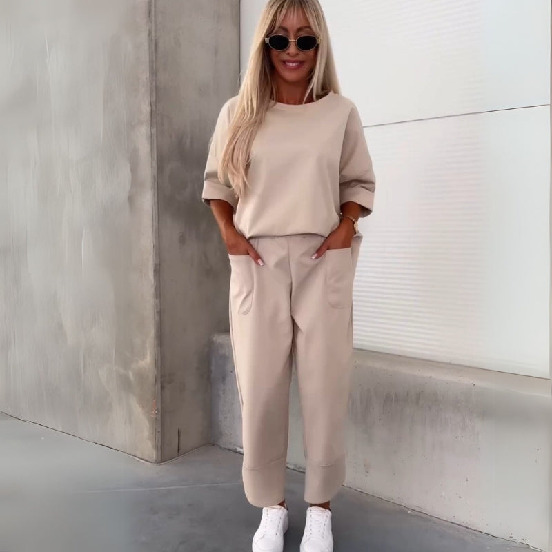 Beige Women’s Coordinated Minimalist Fit Tracksuit Set on the model