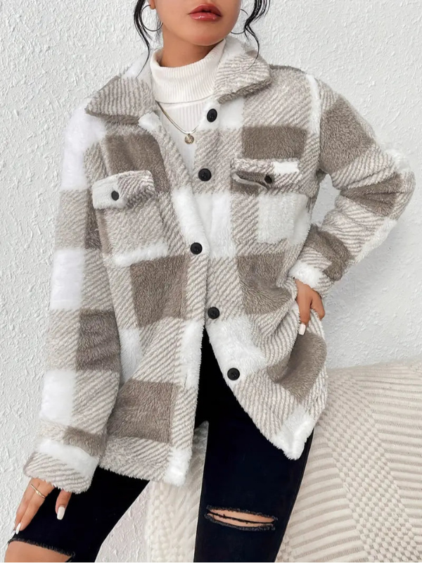 Dark Gray Women’s Classic Fit Plaid Long Sleeve Jacket on the model