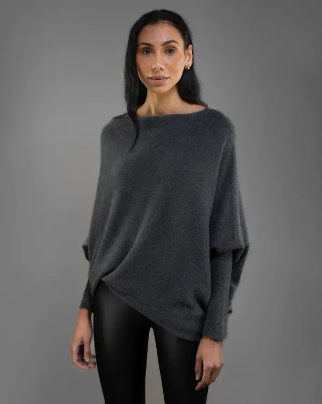 Charcoal Women’s Swing Collar Off-Shoulder Knit Jumper on model