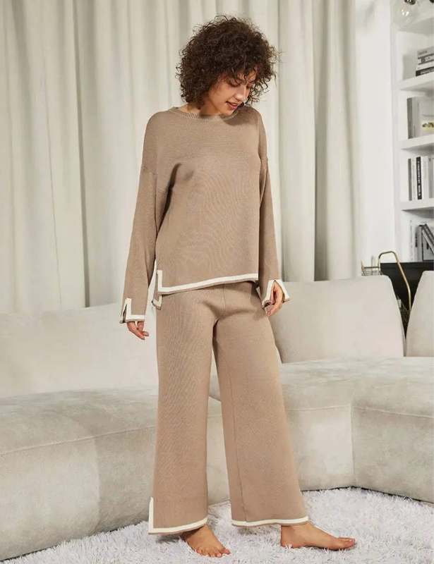 Khaki Women’s Crewneck & Wide-Leg Knit Lounge Set - Long Sleeves on the model