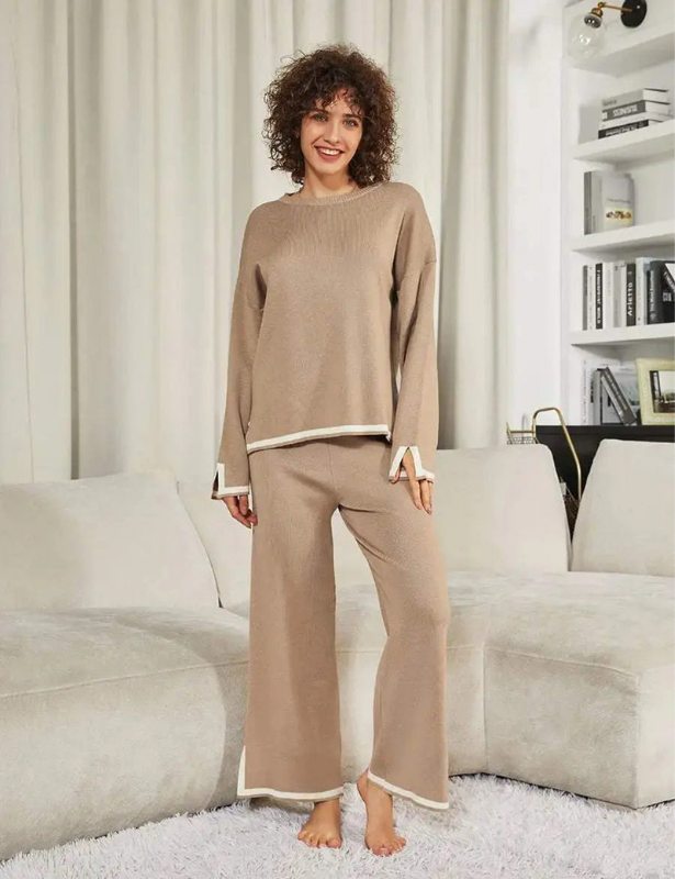 Khaki Women’s Crewneck & Wide-Leg Knit Lounge Set - Long Sleeves on the model