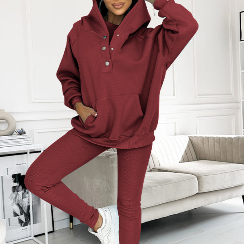 Burgundy Women’s Soft Fabric Blend Casual Sweatshirt Set on the model