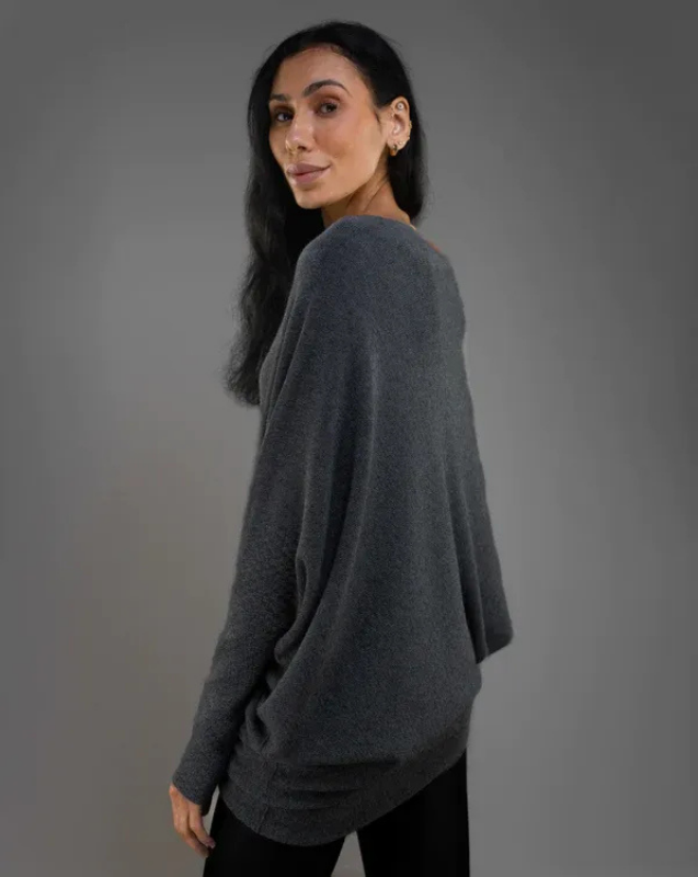Charcoal Women’s Swing Collar Off-Shoulder Knit Jumper on model