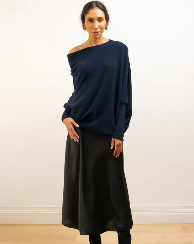 Navy Women’s Swing Collar Off-Shoulder Knit Jumper on model