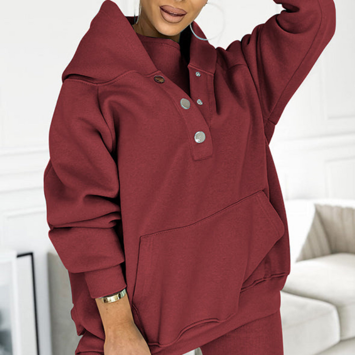 Burgundy Women’s Soft Fabric Blend Casual Sweatshirt Set on the model