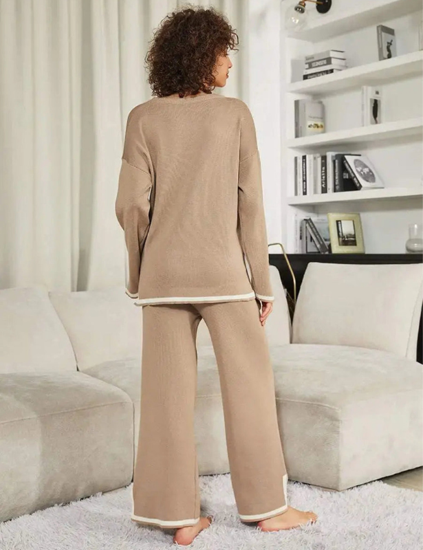 Khaki Women’s Crewneck & Wide-Leg Knit Lounge Set - Long Sleeves on the model