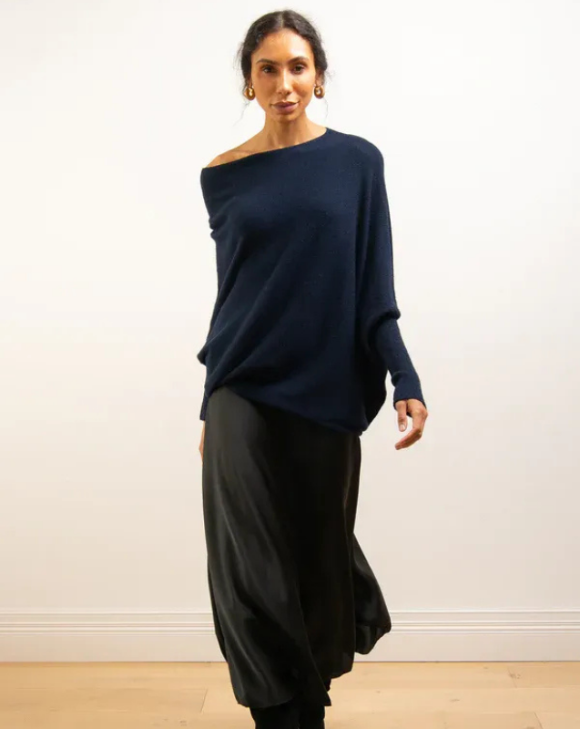 Navy Women’s Swing Collar Off-Shoulder Knit Jumper on model