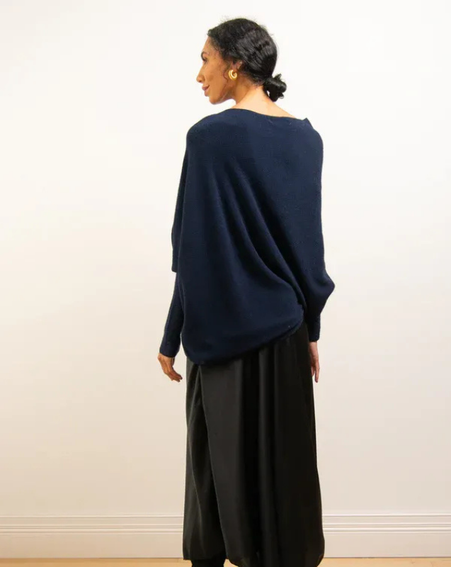 Navy Women’s Swing Collar Off-Shoulder Knit Jumper on model