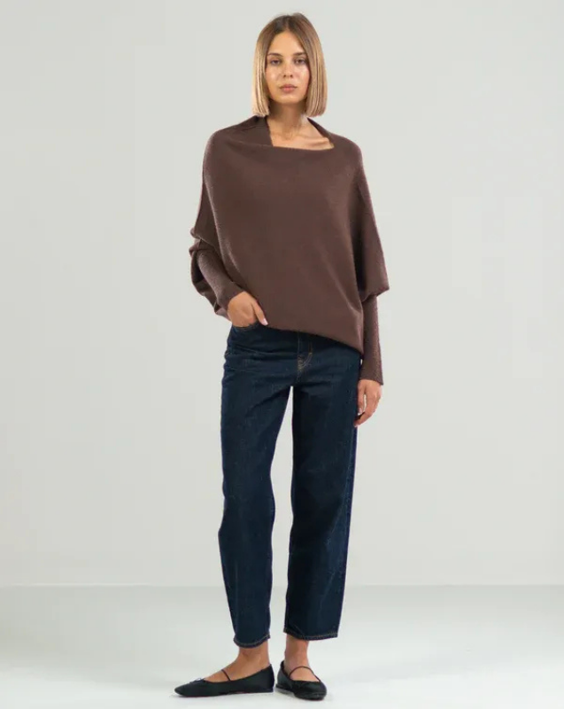 Espresso Brown Women’s Swing Collar Off-Shoulder Knit Jumper on model