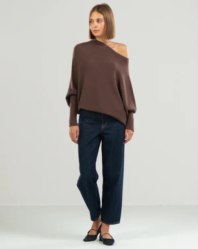 Espresso Brown Women’s Swing Collar Off-Shoulder Knit Jumper on model