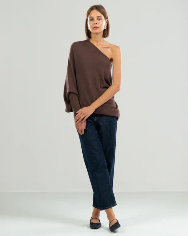 Espresso Brown Women’s Swing Collar Off-Shoulder Knit Jumper on model