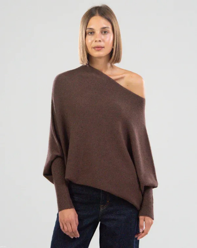 Espresso Brown Women’s Swing Collar Off-Shoulder Knit Jumper on model