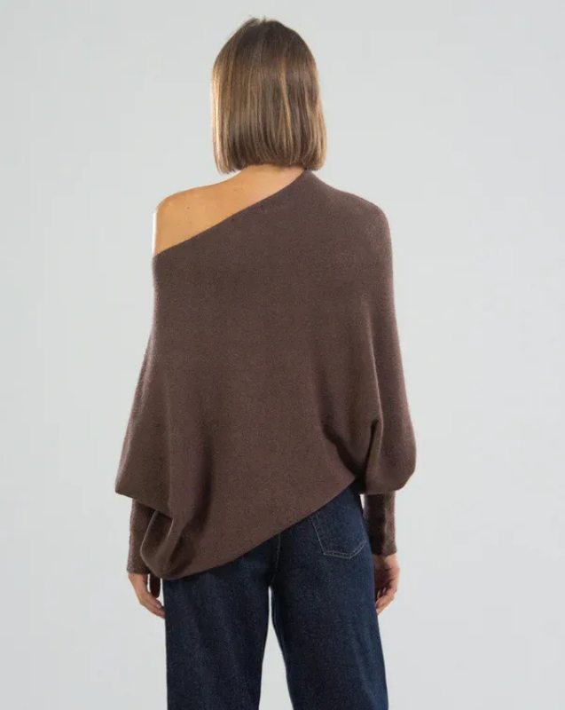 Espresso Brown Women’s Swing Collar Off-Shoulder Knit Jumper on model