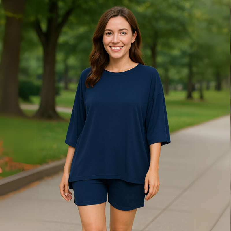 Navy Women’s Oversized Ribbed Tee & Biker Shorts Set on the model