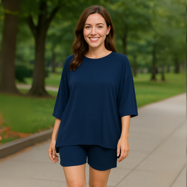 Navy Women’s Oversized Ribbed Tee & Biker Shorts Set on the model