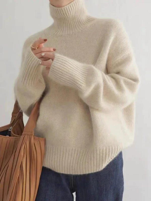 Apricot Women’s Soft Classic Fit Turtleneck Sweater on the model