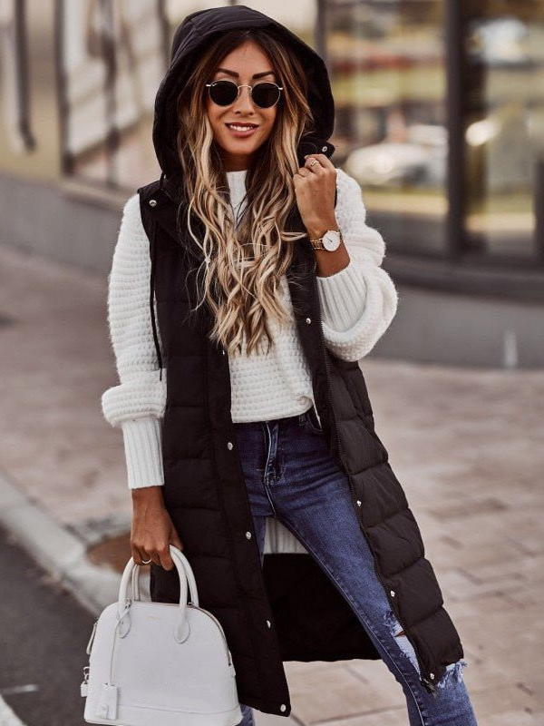 Black Women’s Knee-Length Quilted Vest on the model