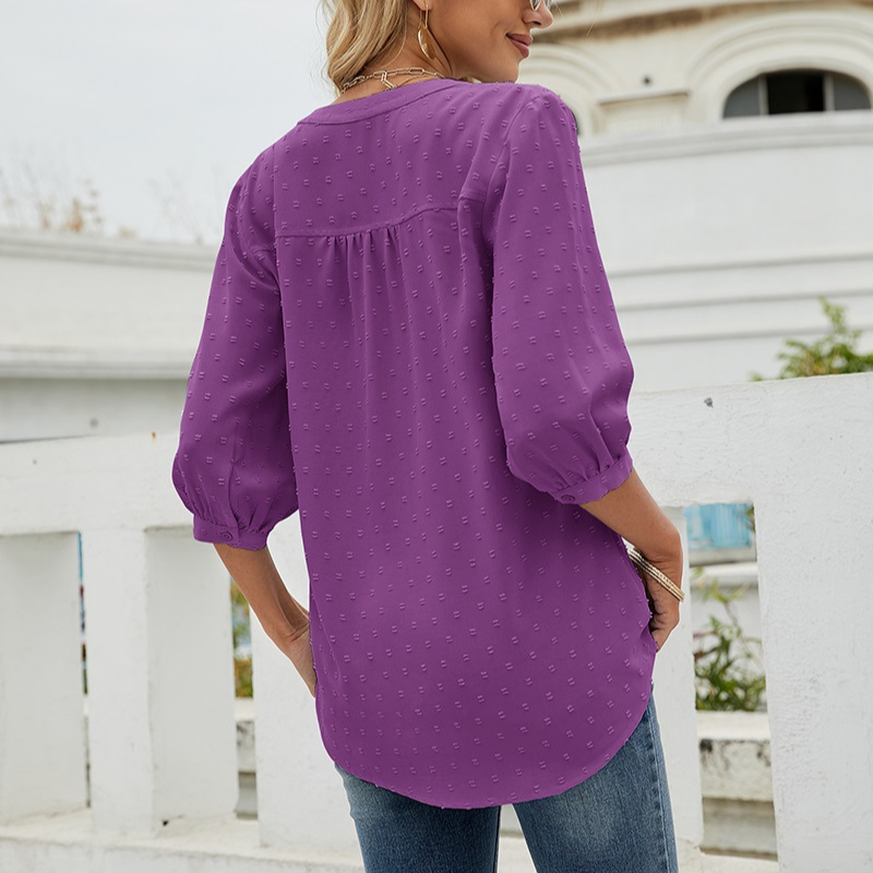 Purple Women’s V-Neck  Bell Sleeves Blouse on model