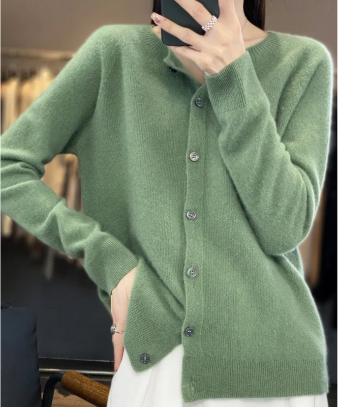 Green Women’s Elegant V-Neck Button-Detailed Sweater on the model