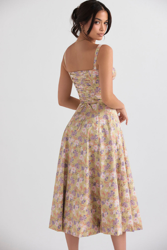 Yellow Floral Women’s Printed Bustier Midi Dress on the model