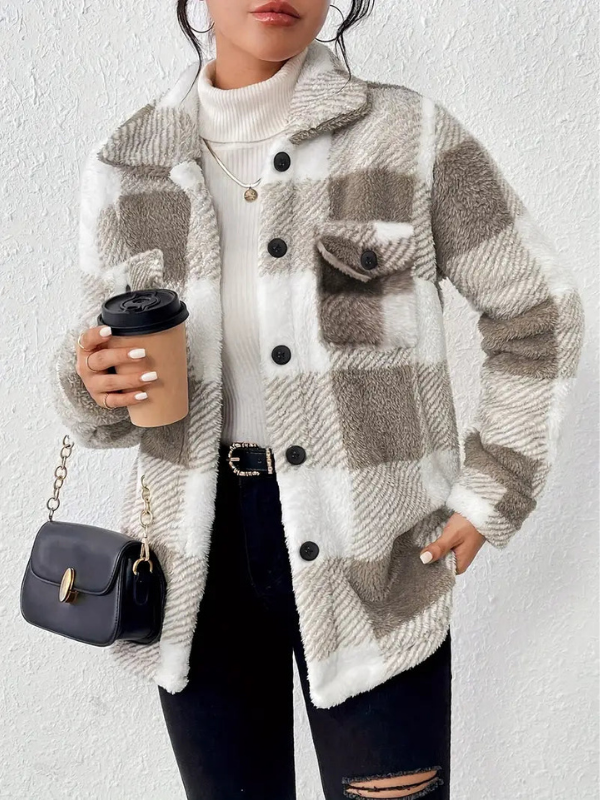Dark Gray Women’s Classic Fit Plaid Long Sleeve Jacket on the model