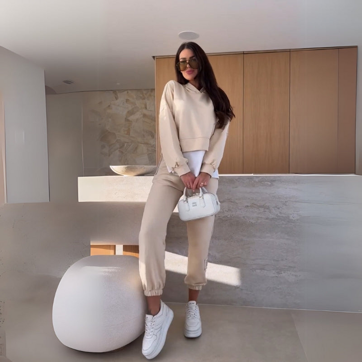 Beige Women’s Coordinated Minimalist Fit Tracksuit Set on the model