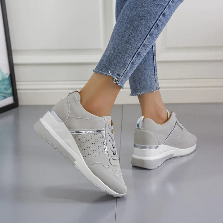 Gray Women’s Orthopedic Comfort Heel Sneakers on the model