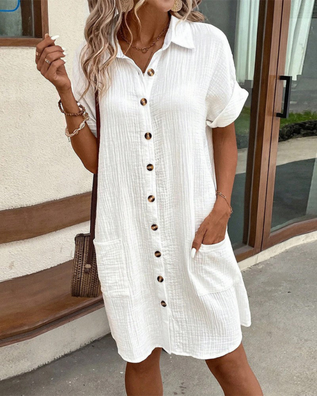 White Women’s Elegant Lightweight Shirt Dress on model