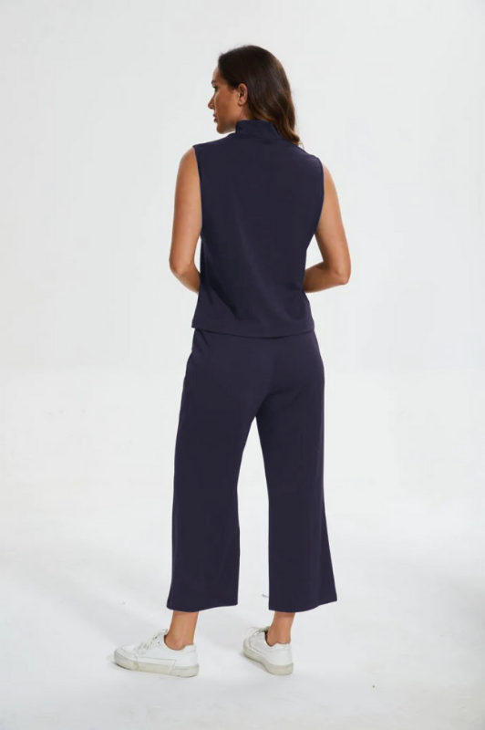 Navy Women’s Wide-Leg Cropped Pant Lounge Set on the model