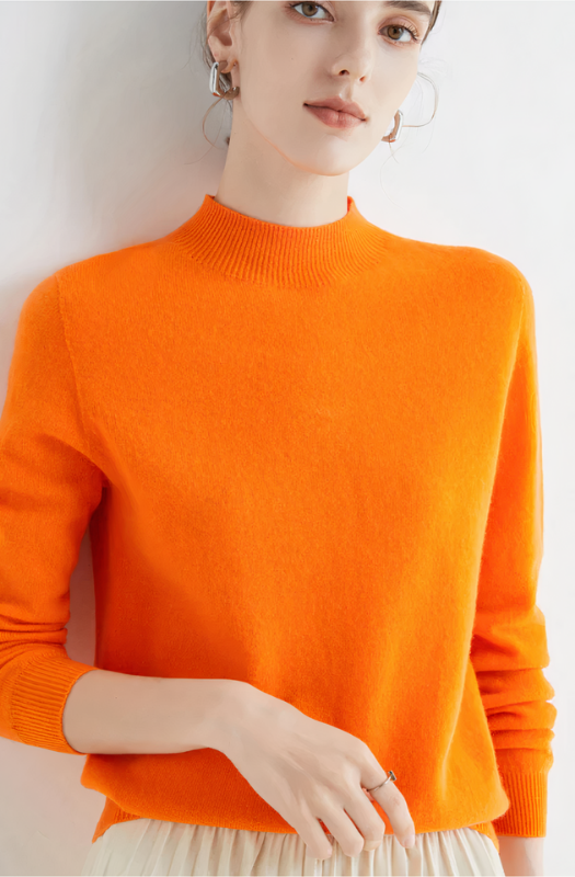 Orange Women’s Classic Soft Half-Neck Sweater on the model