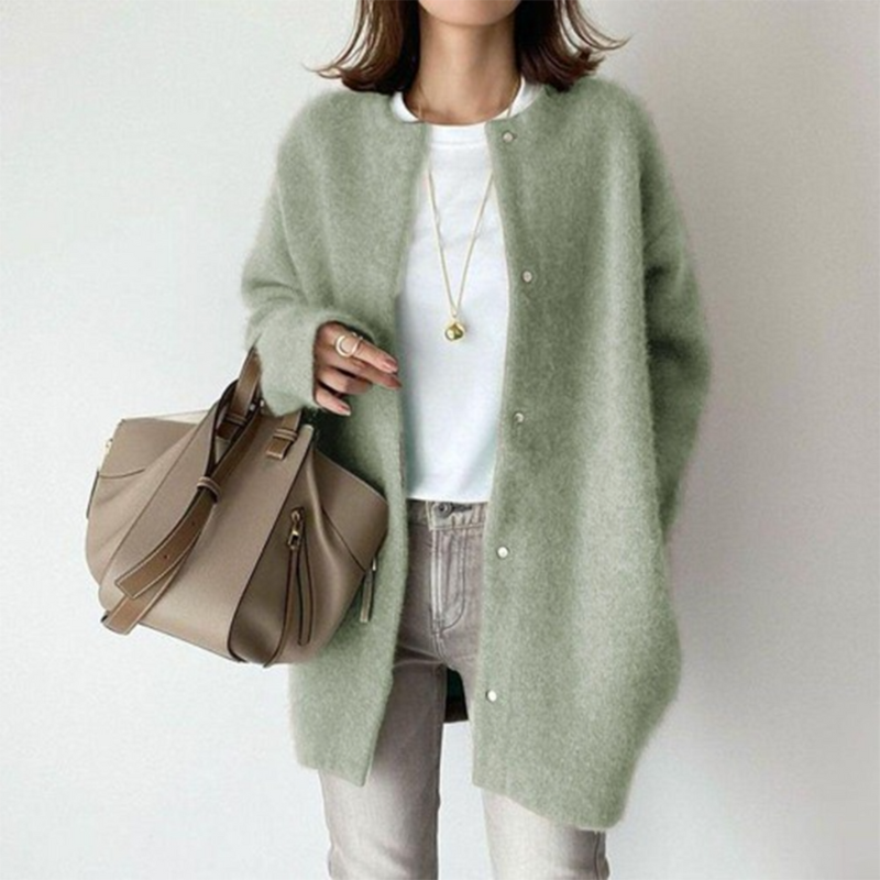 Green Women’s Elegant Knit Cardigan Pocket Detail on model