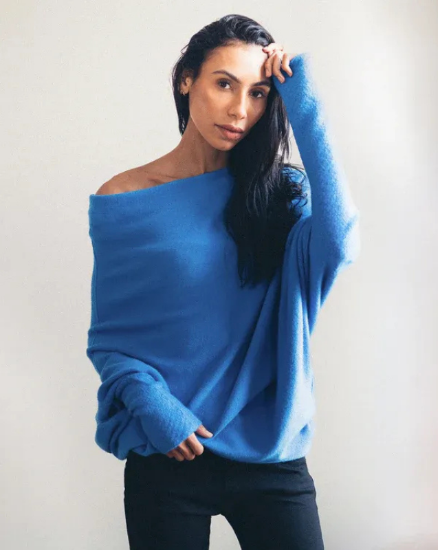 Royal Blue Women’s Swing Collar Off-Shoulder Knit Jumper on model