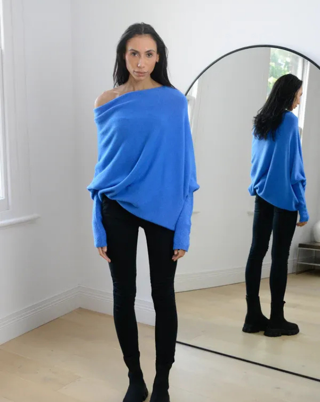 Royal Blue Women’s Swing Collar Off-Shoulder Knit Jumper on model