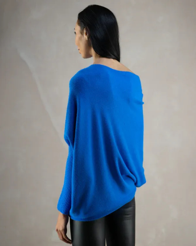 Royal Blue Women’s Swing Collar Off-Shoulder Knit Jumper on model