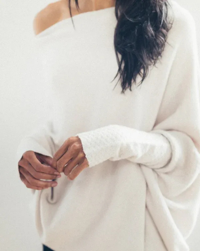 Oatmeal Women’s Swing Collar Off-Shoulder Knit Jumper on model