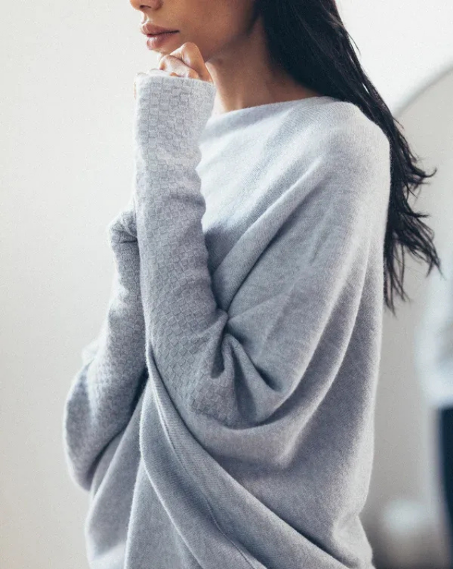 Light Gray Women’s Swing Collar Off-Shoulder Knit Jumper on model