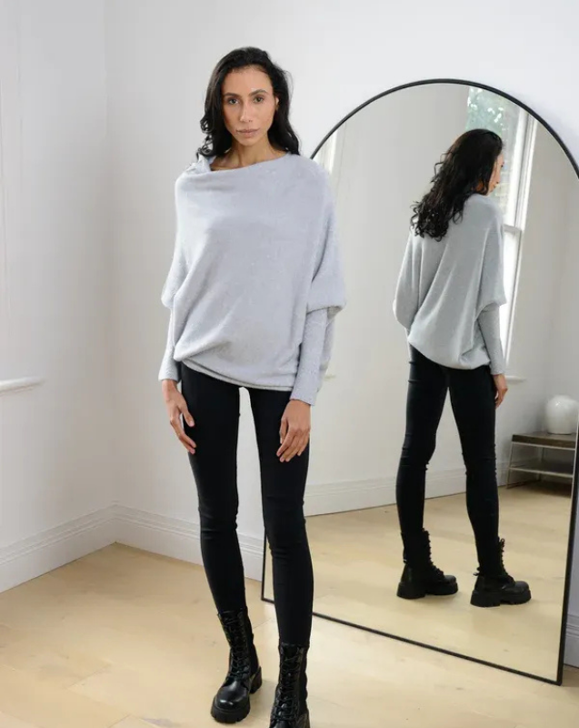 Light Gray Women’s Swing Collar Off-Shoulder Knit Jumper on model