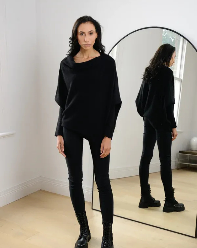 Black Women’s Swing Collar Off-Shoulder Knit Jumper on model