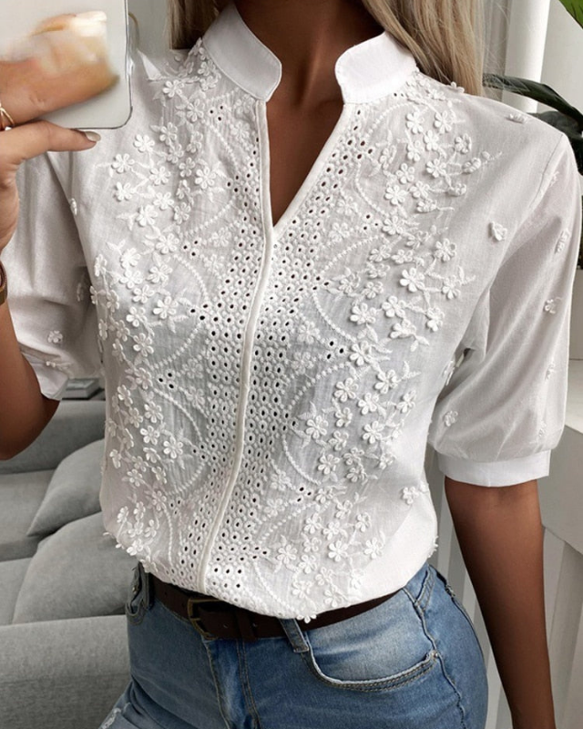 White Women’s Classic Fit Tailored Blouse on the model
